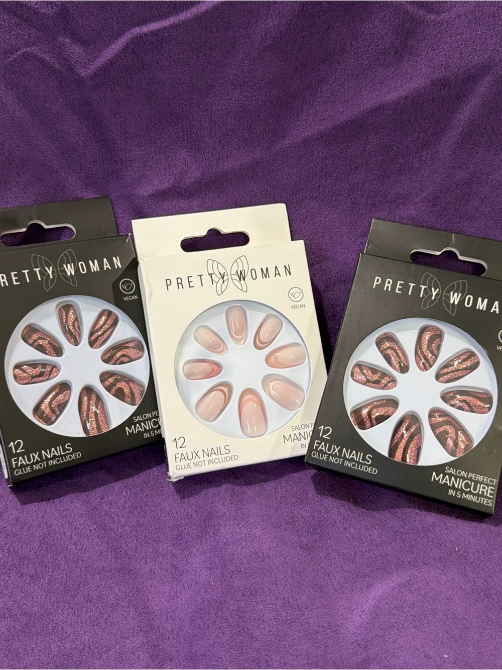 3 Faux Nails 12-Pack – Pink & Rose Glitter Options